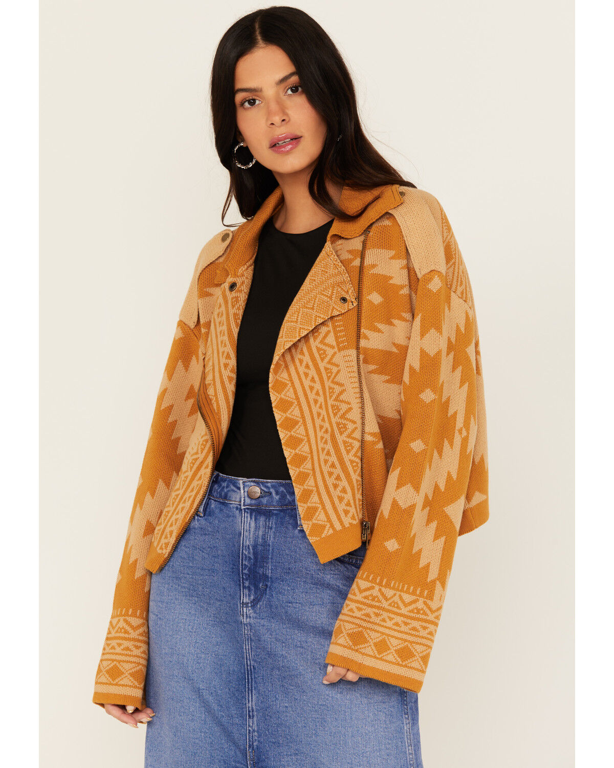 Women's Miss Me Southwestern Print Knit Moto Jacket