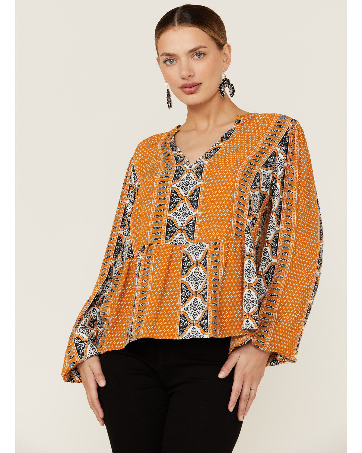 Women's Wrangler Retro Split Neck Peplum Print Mustard Peasant Top