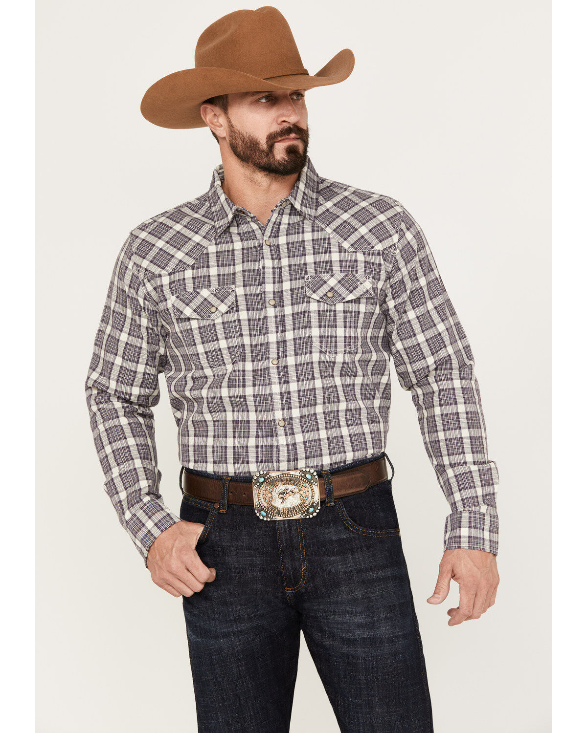 Men's Blue Ranchwear Plaid Print Long Sleeve Western Pearl Snap Shirt