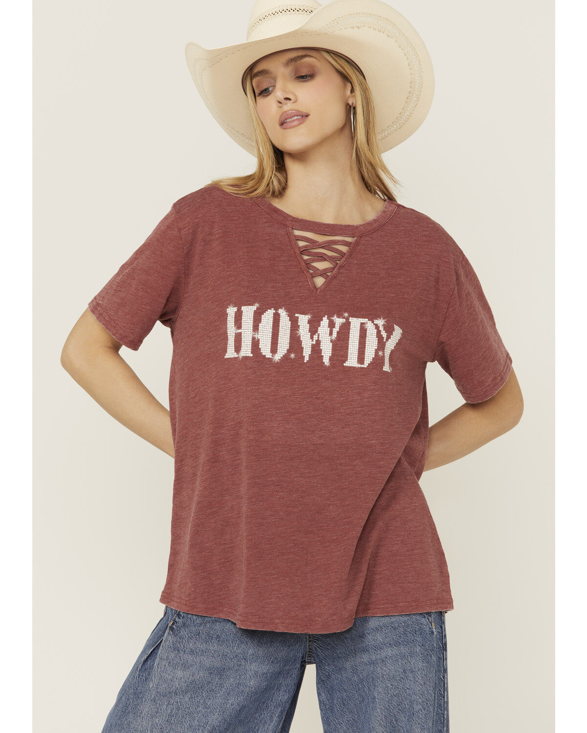 Women's Blended Howdy Rhinestone Short Sleeve Graphic Tee