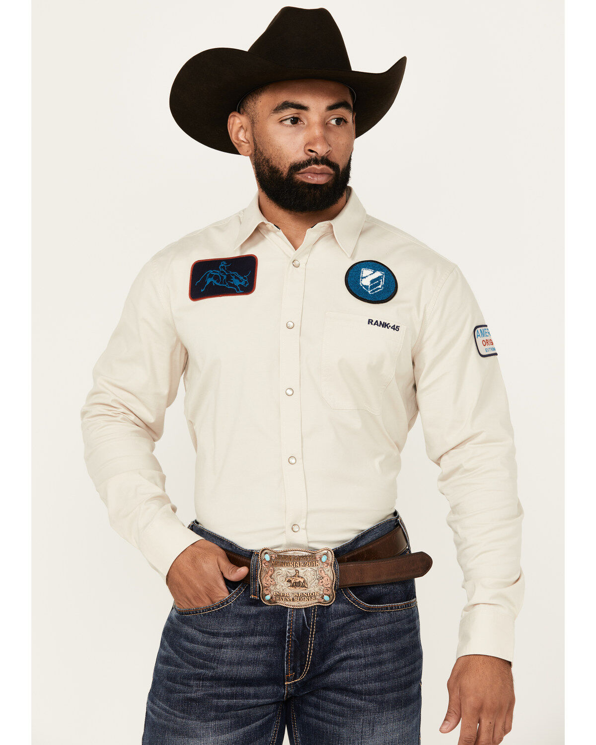 Men's RANK 45 Patched Racer Logo Long Sleeve Snap Stretch Performance