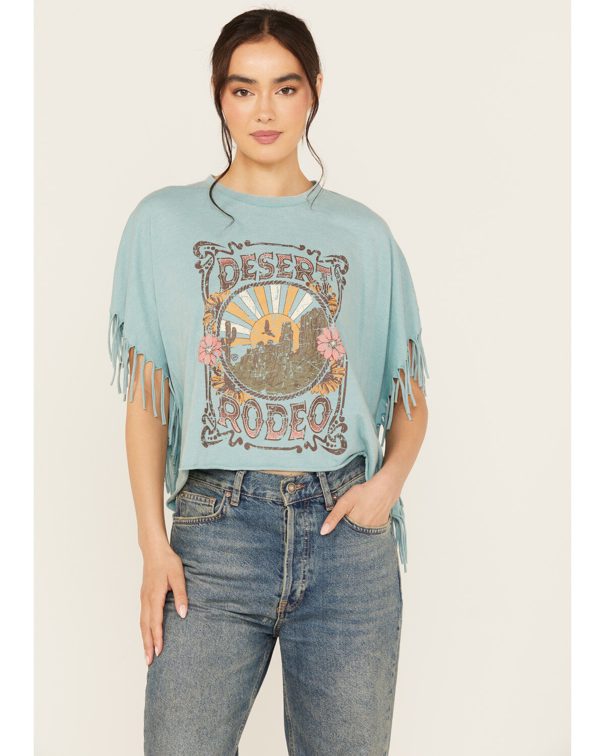 Women's Rock & Roll Denim Desert Rodeo Fringe Short Sleeve Graphic Tee