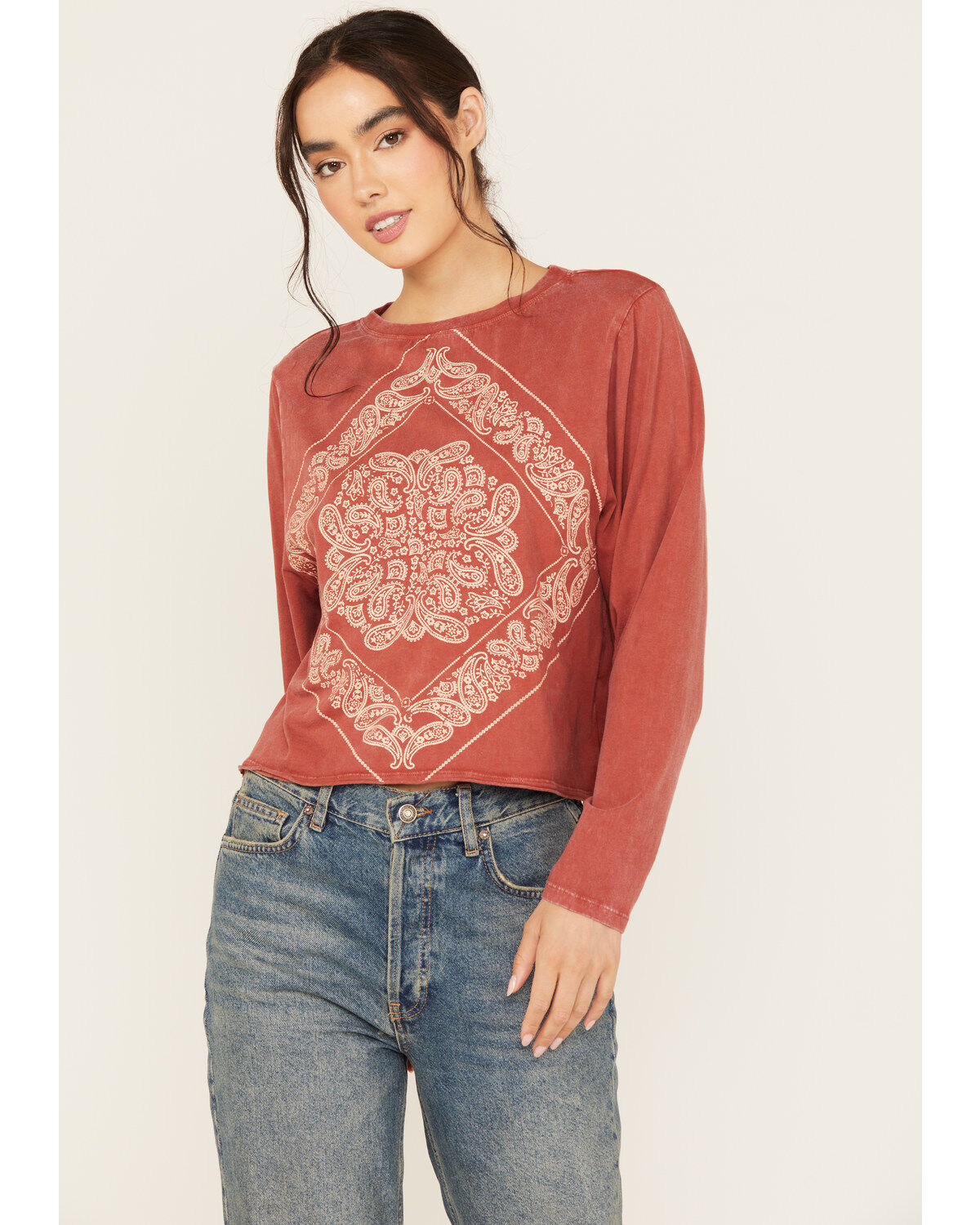 Women's Rock & Roll Denim Bandana Print Long Sleeve Top