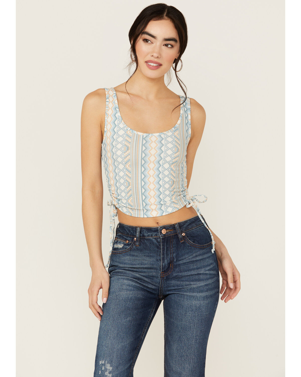 Women's Rock & Roll Denim Chevron Striped Sleeveless Cropped Tank Top