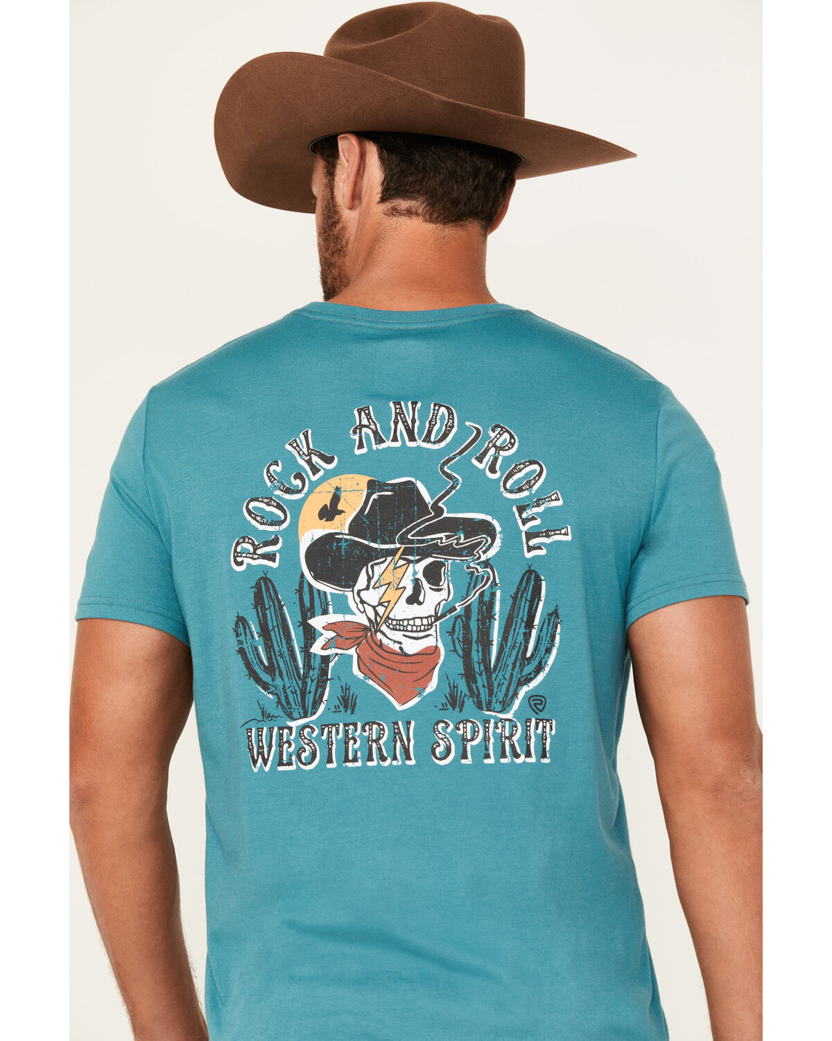 Men's Rock & Roll Denim Cowboy Skull Short Sleeve Graphic T-Shirt