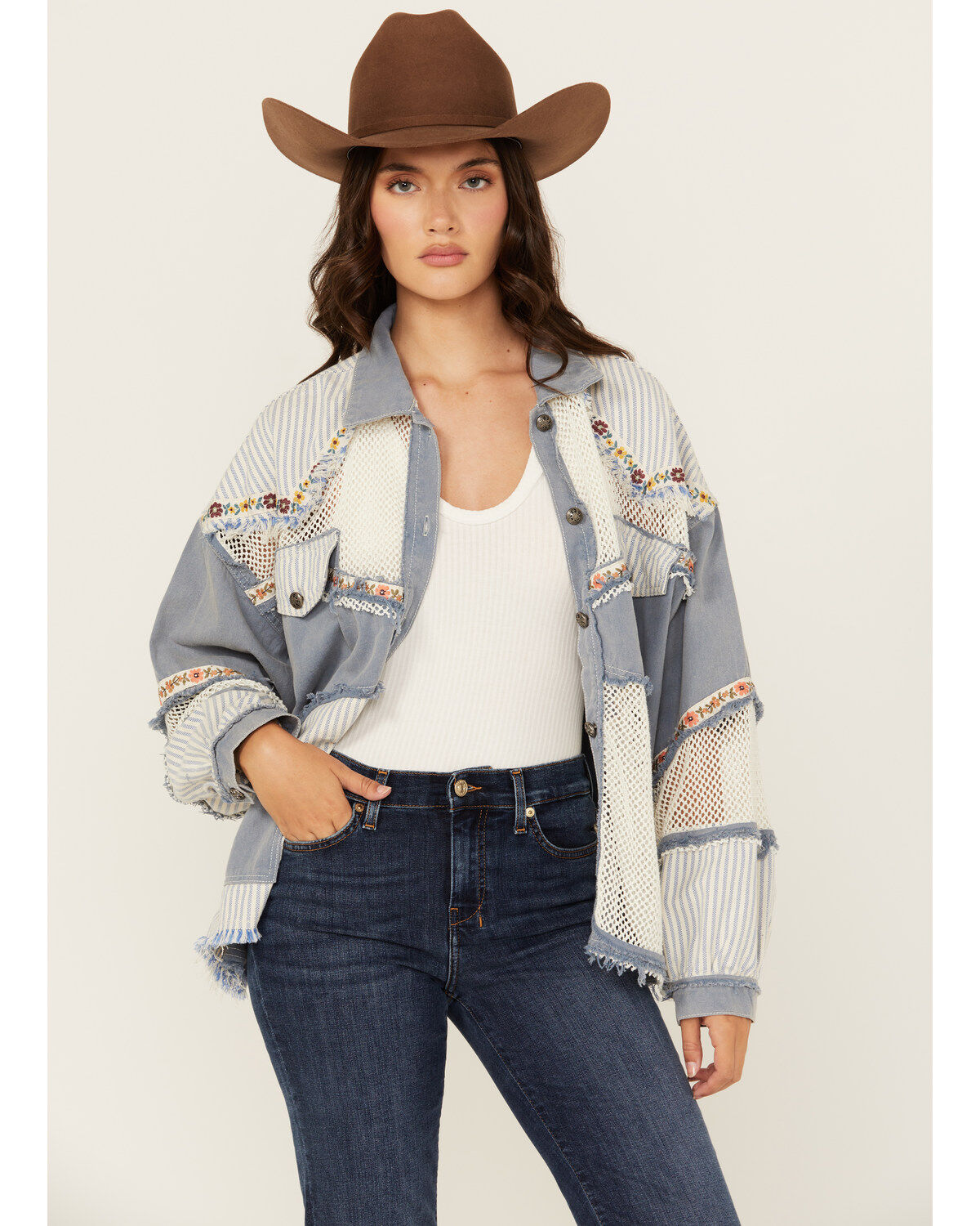 Women's People Of Leisure Patchwork Floral Long Sleeve Button-Down Shi
