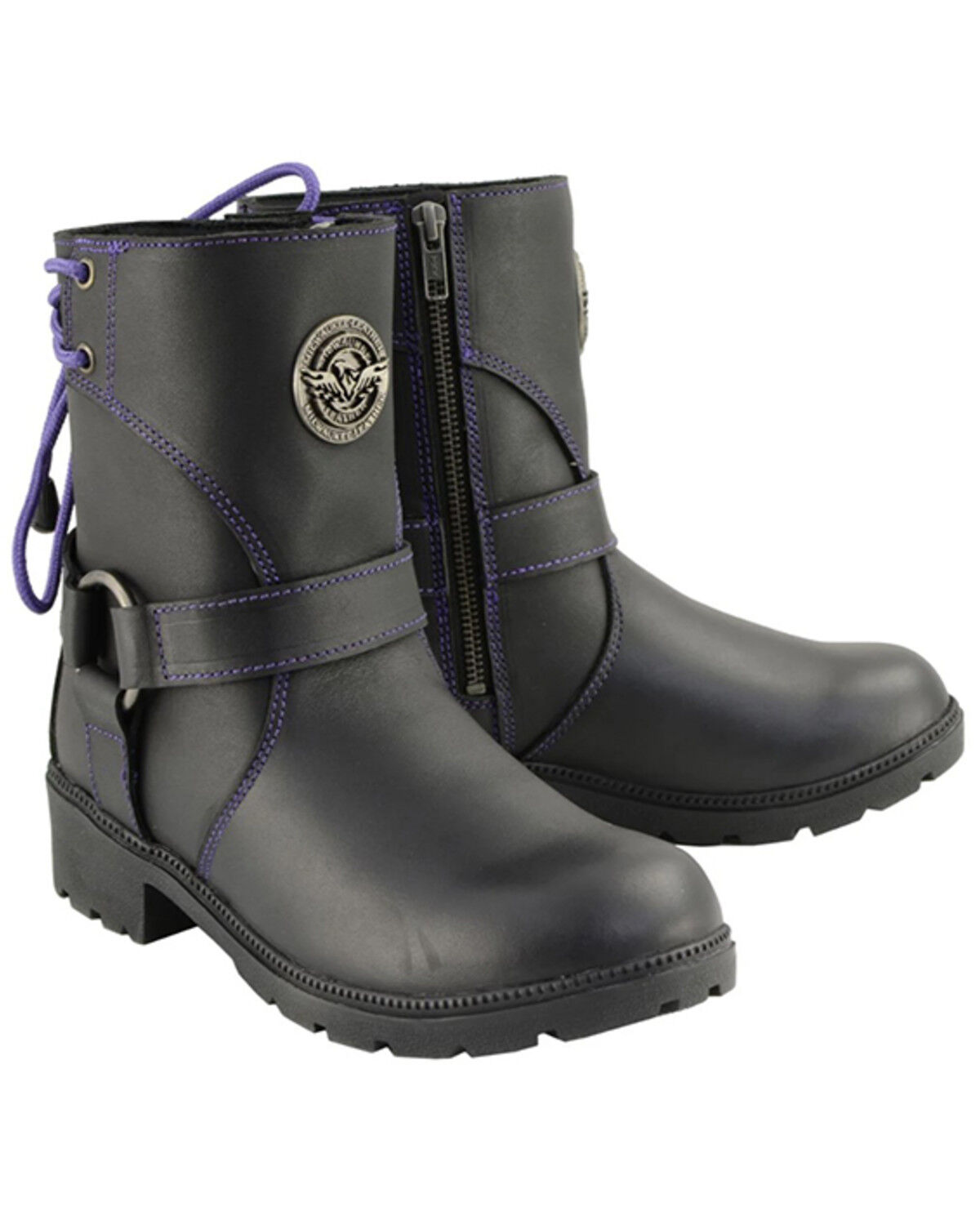 Women's Milwaukee Leather Harness Zip-Up Motorcycle Boots - Round Toe