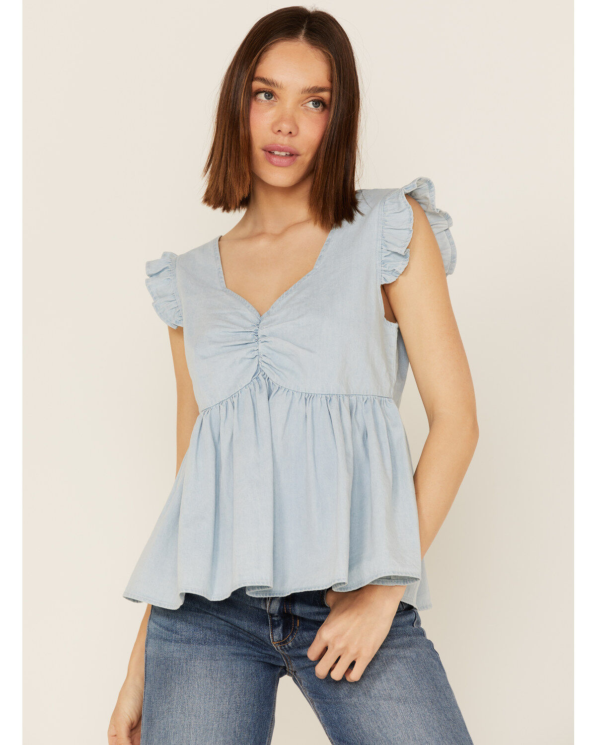 Women's Molly Bracken Sweetheart Flutter Sleeve Denim Top