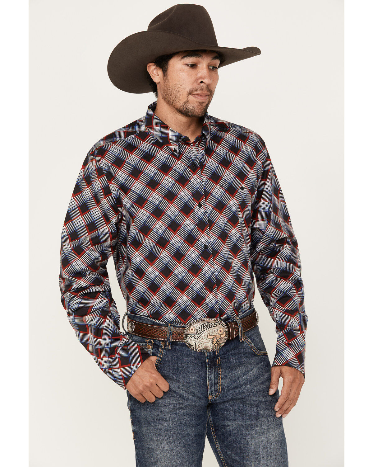 Men's RANK 45 Saddle Abstract Plaid Print Long Sleeve Button-Down Wes