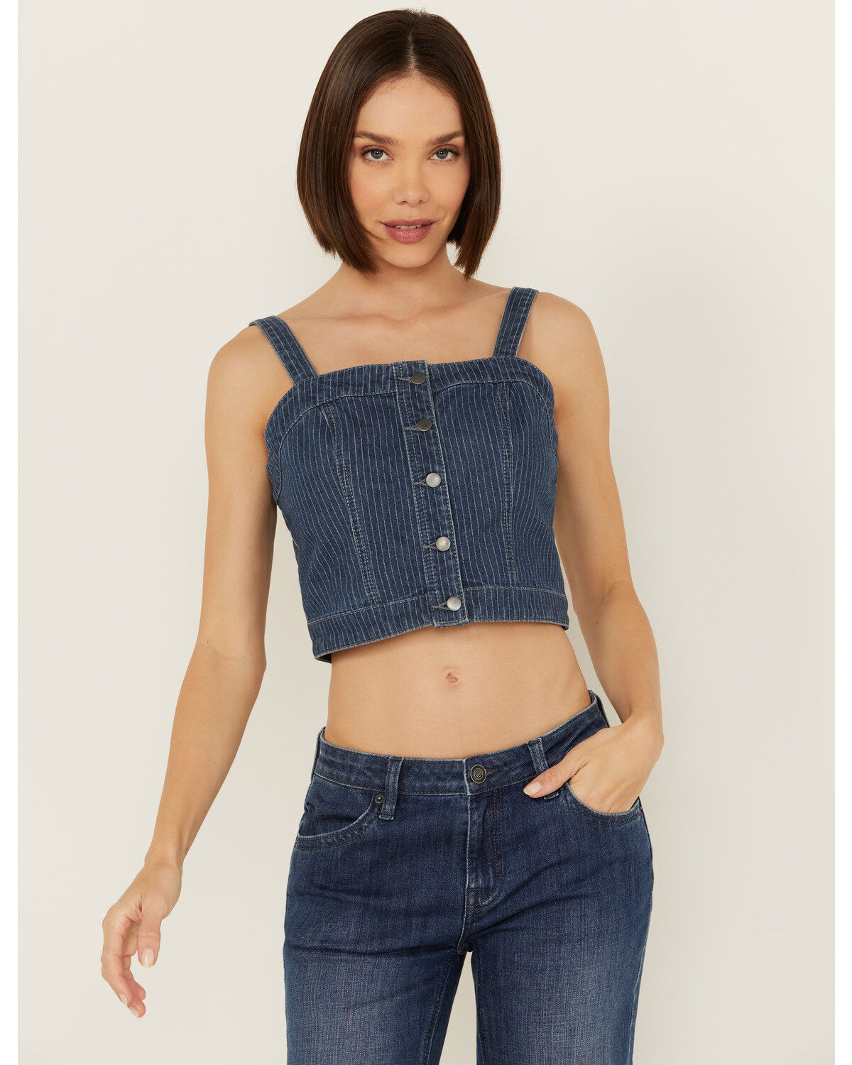 Women's Rock & Roll Denim Dark Wash Pinstripe Denim Corset Crop Top