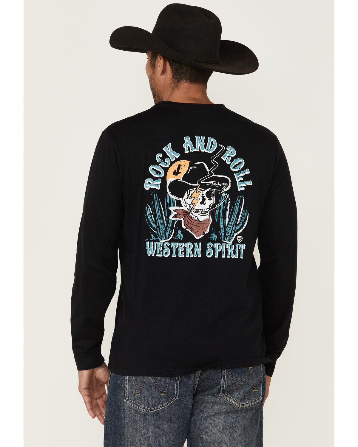 Men's Rock & Roll Denim Cowboy Skull Long Sleeve Graphic T-Shirt