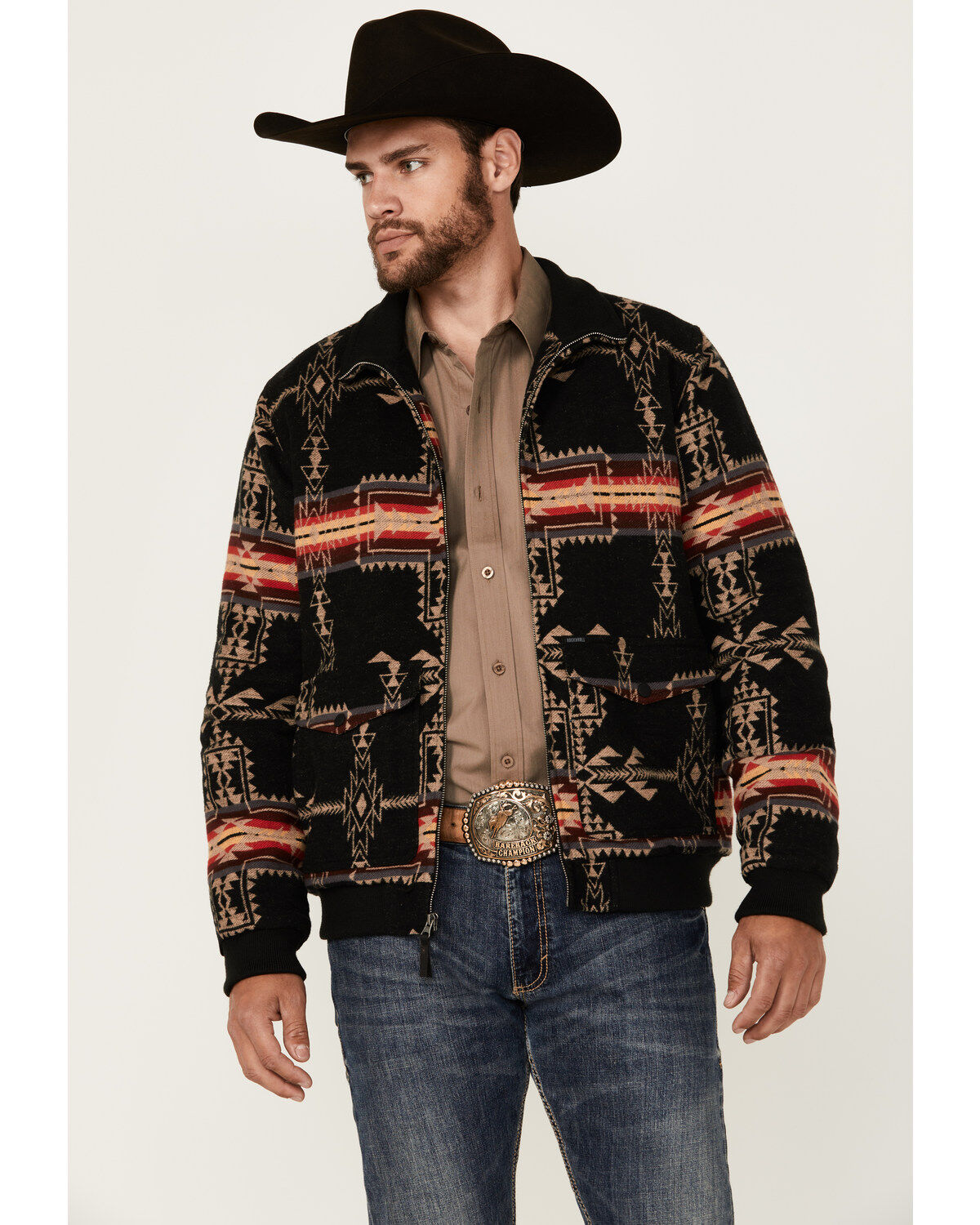 Men's Rock & Roll Denim Southwestern Print Bomber Jacket