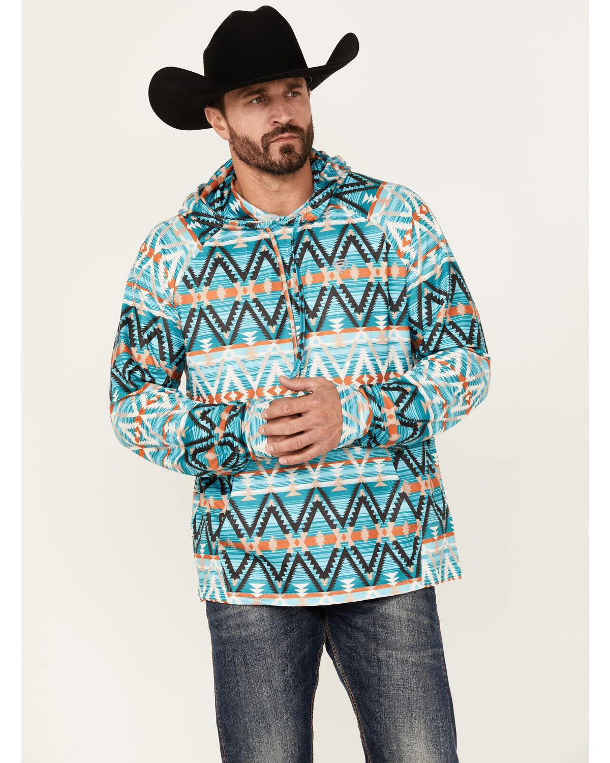 Men's Rock & Roll Denim Southwestern Print Hooded Sweatshirt