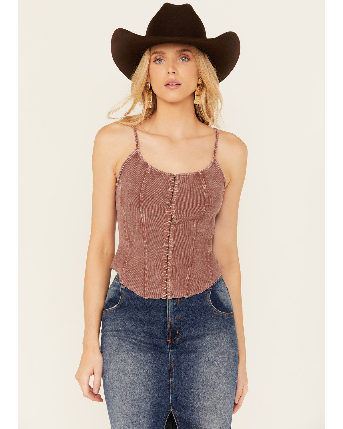 Women's Rock & Roll Denim Sleeveless Ribbed Corset Tank
