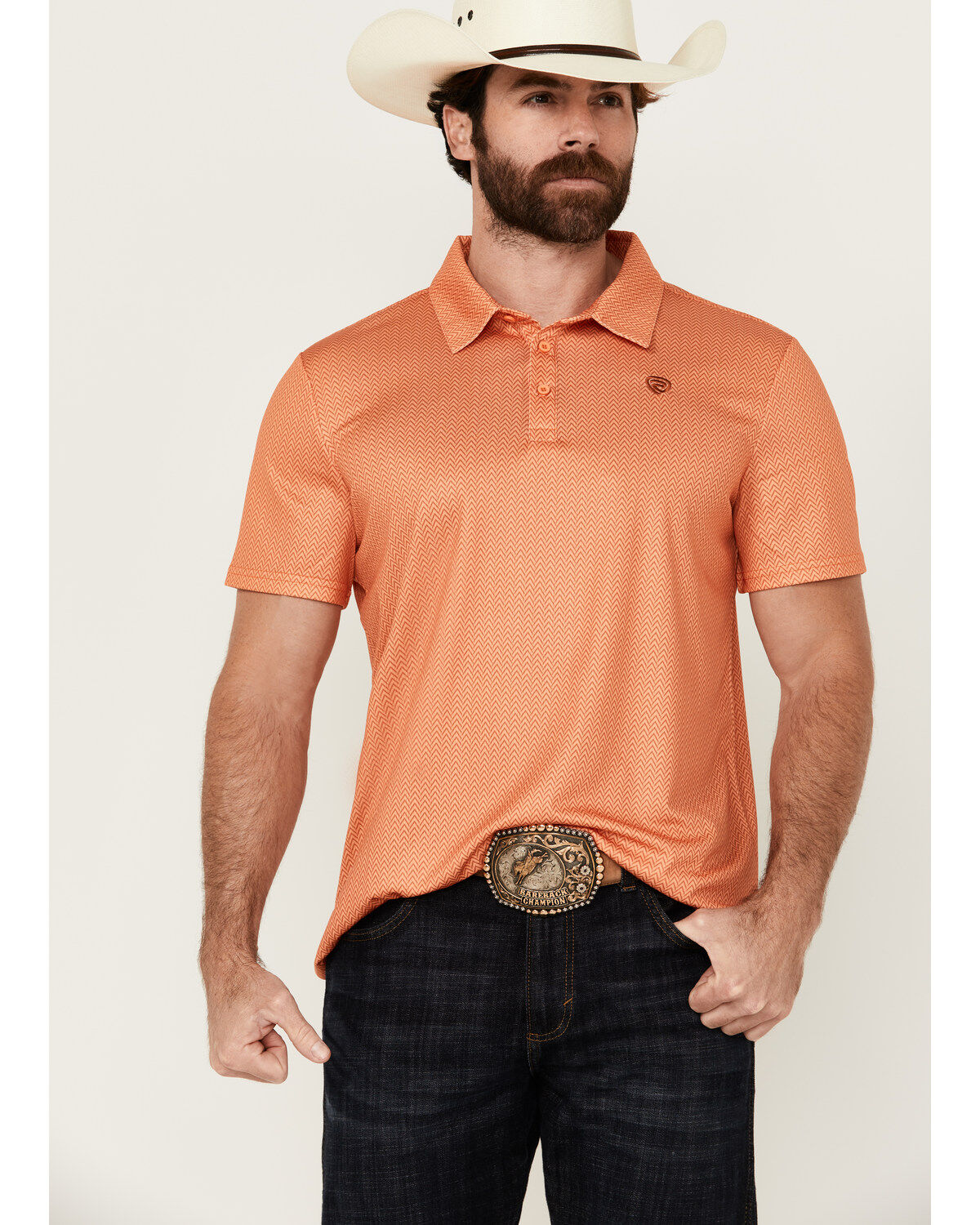 Men's Rock & Roll Denim Geo Print Short Sleeve Stretch Polo Shirt