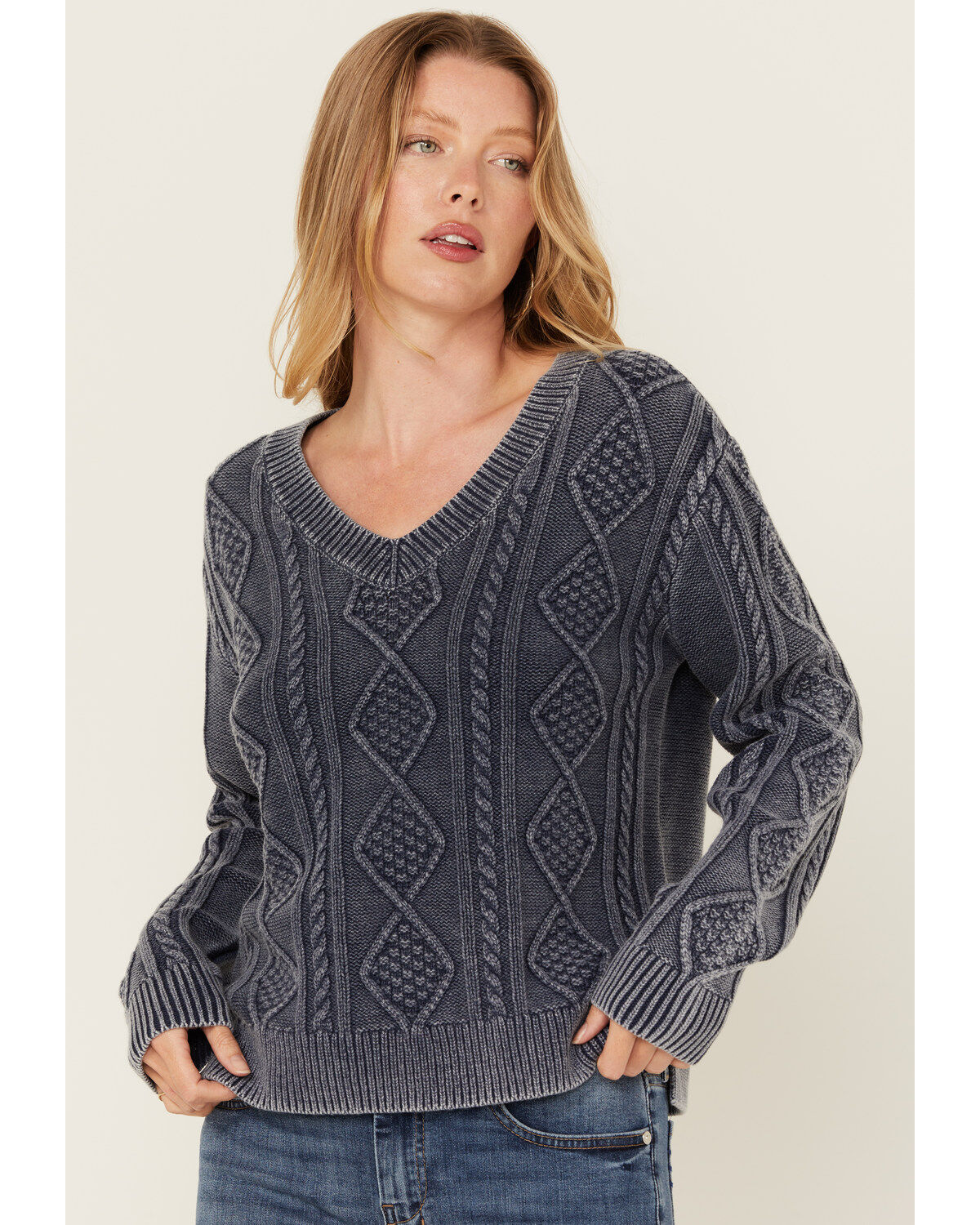 Women's Cleo + Wolf Clark Acid Wash Cable Knit Sweater
