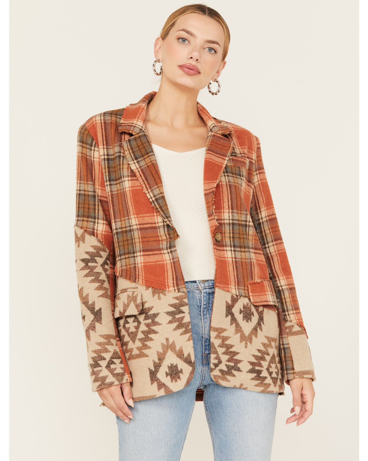 Women's Miss Me Plaid Southwestern Print Blazer