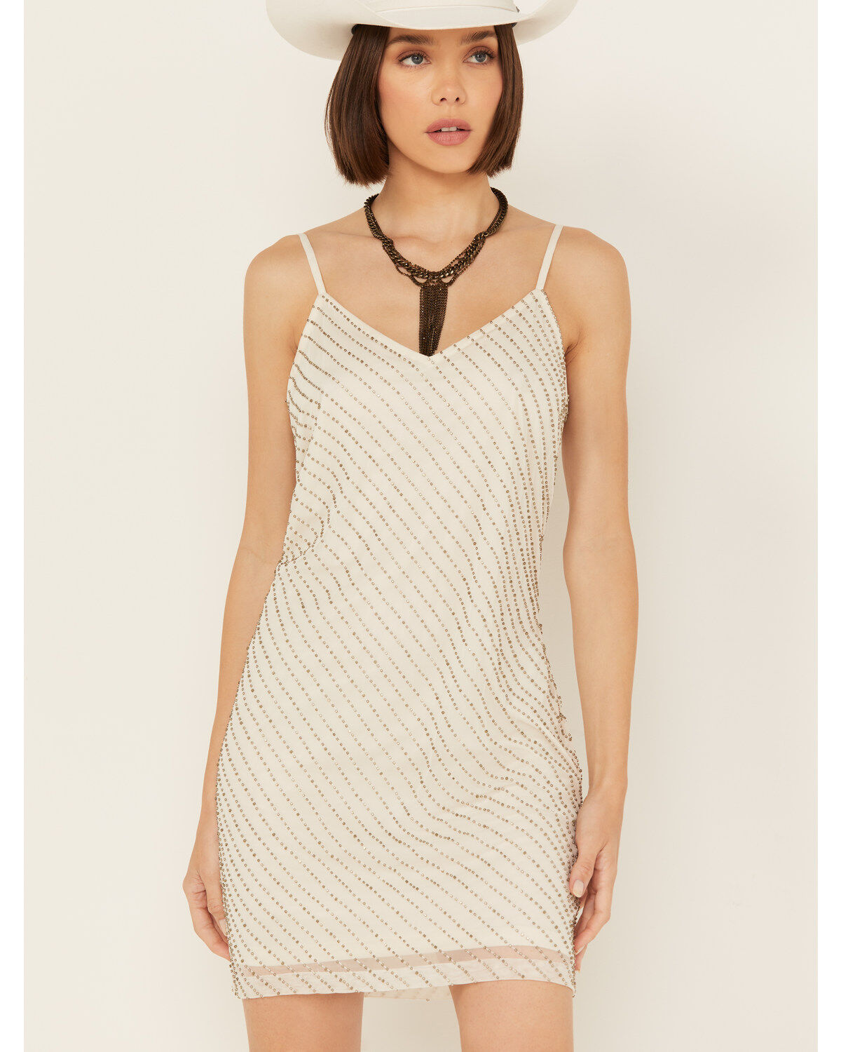 Women's Wonderwest Birch Cowl Neck Beaded Mesh Mini Dress