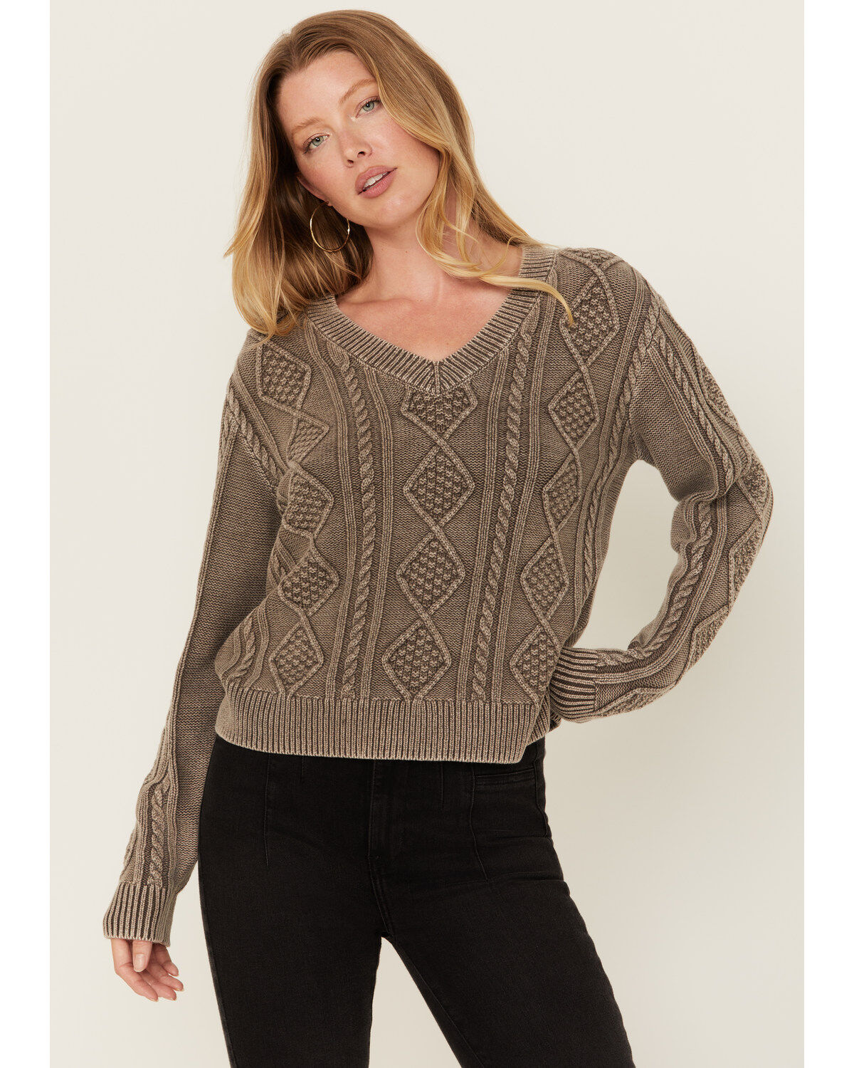Women's Cleo + Wolf Clark Acid Wash Cable Knit Sweater