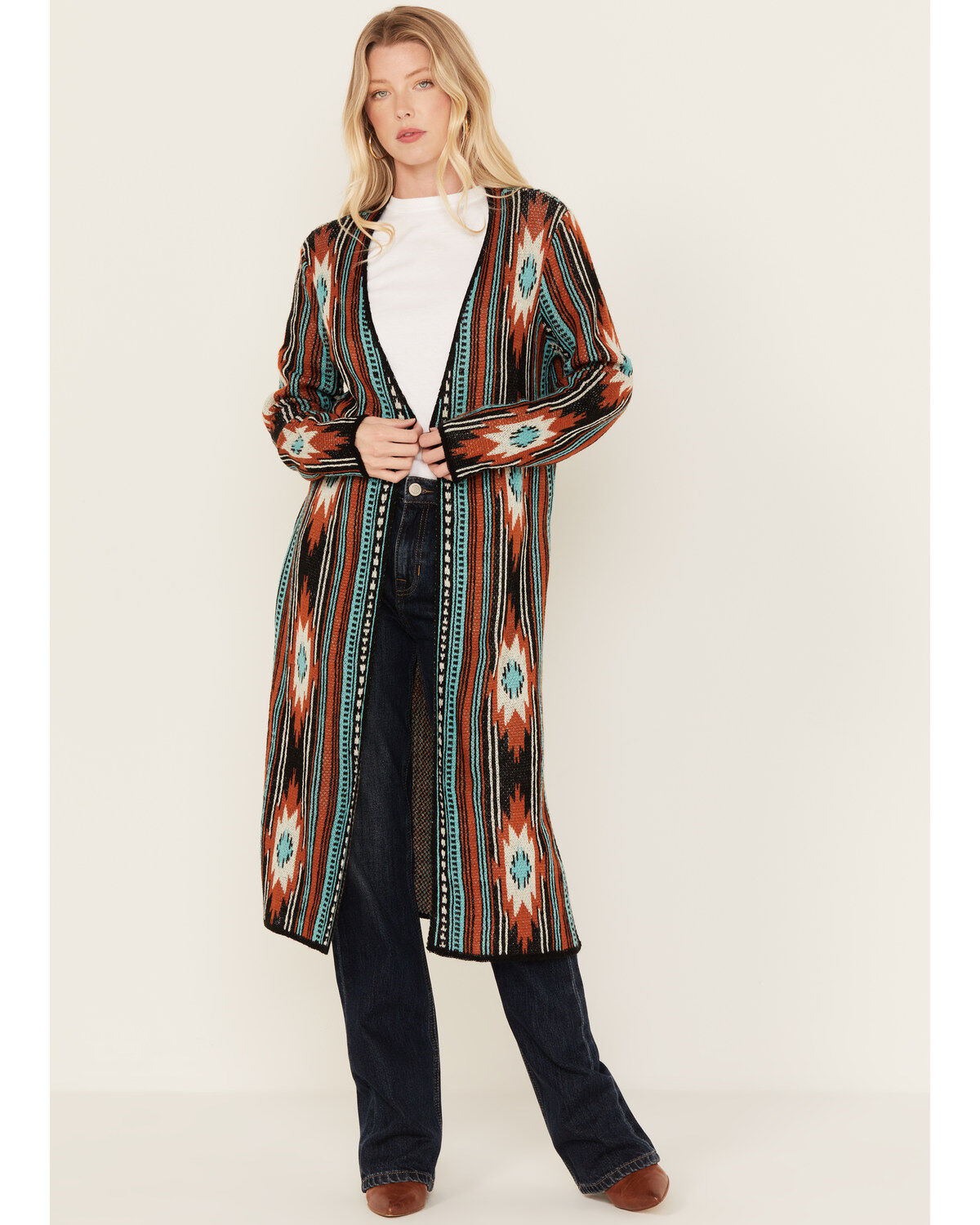 Women's Rock & Roll Denim Southwestern Print Long Sleeve Duster