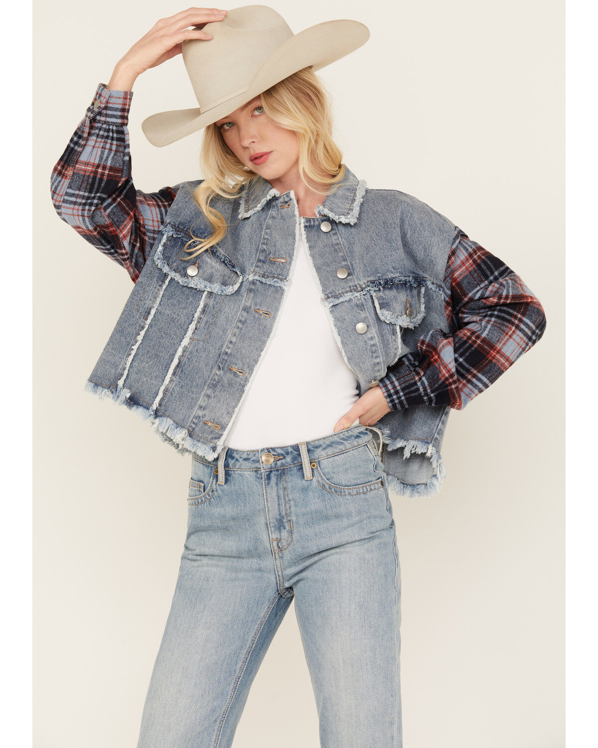 Women's Miss Me Medium Wash Denim Plaid Crochet Back Cropped Jacket