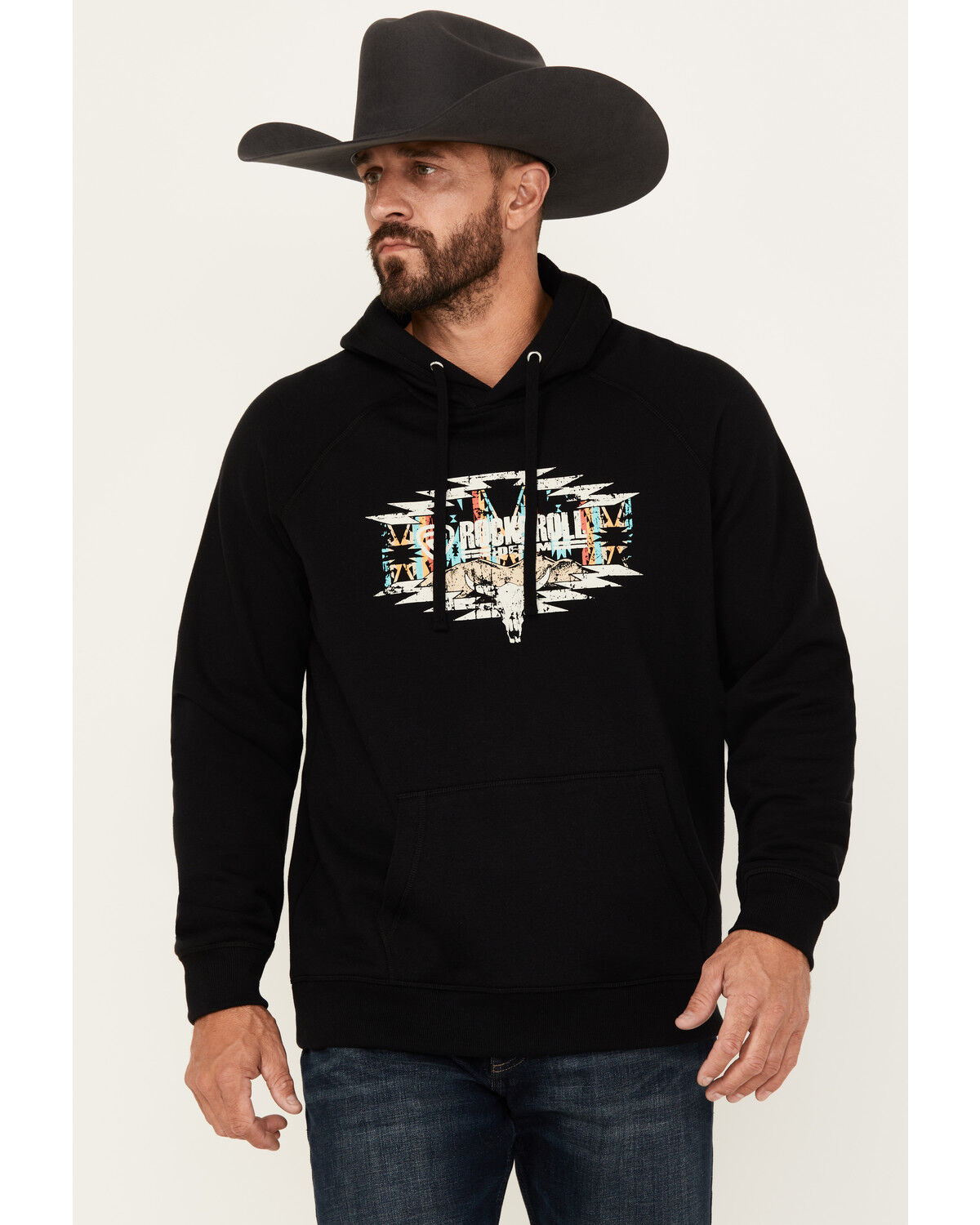 Men's Rock & Roll Denim Southwestern Skull Graphic Hooded Sweatshirt