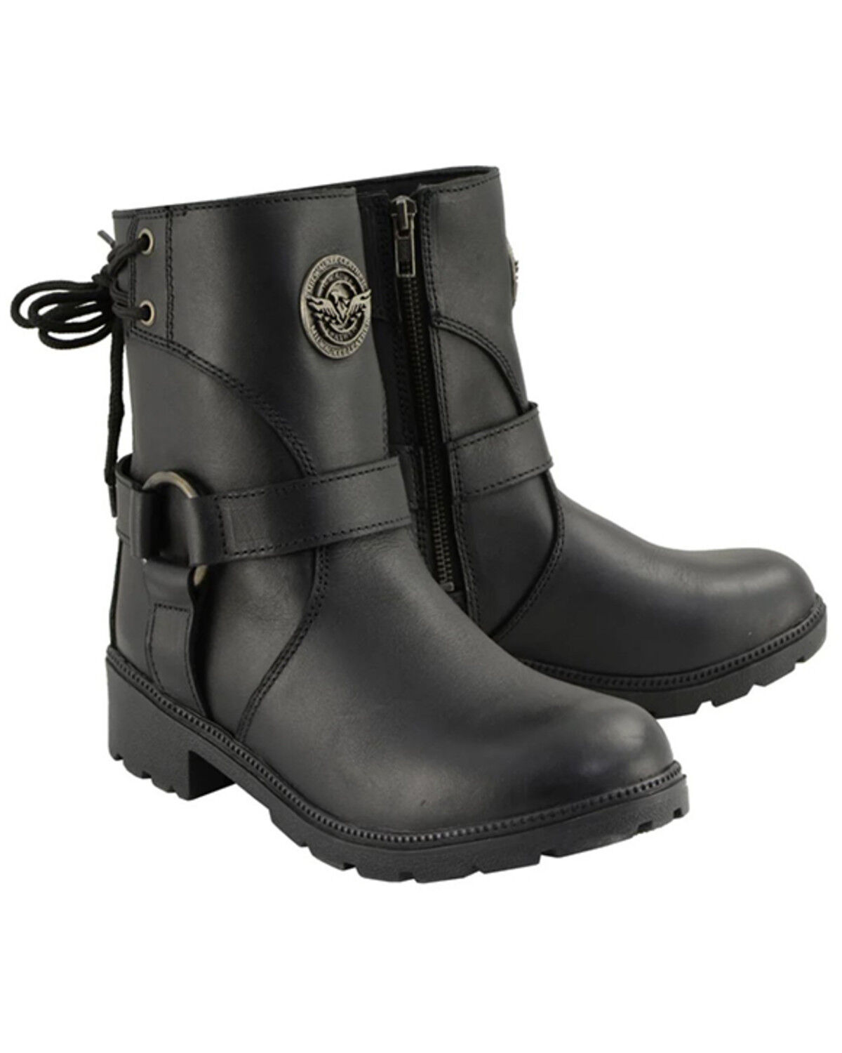 Women's Milwaukee Leather Harness Zip-Up Motorcycle Boots - Round Toe