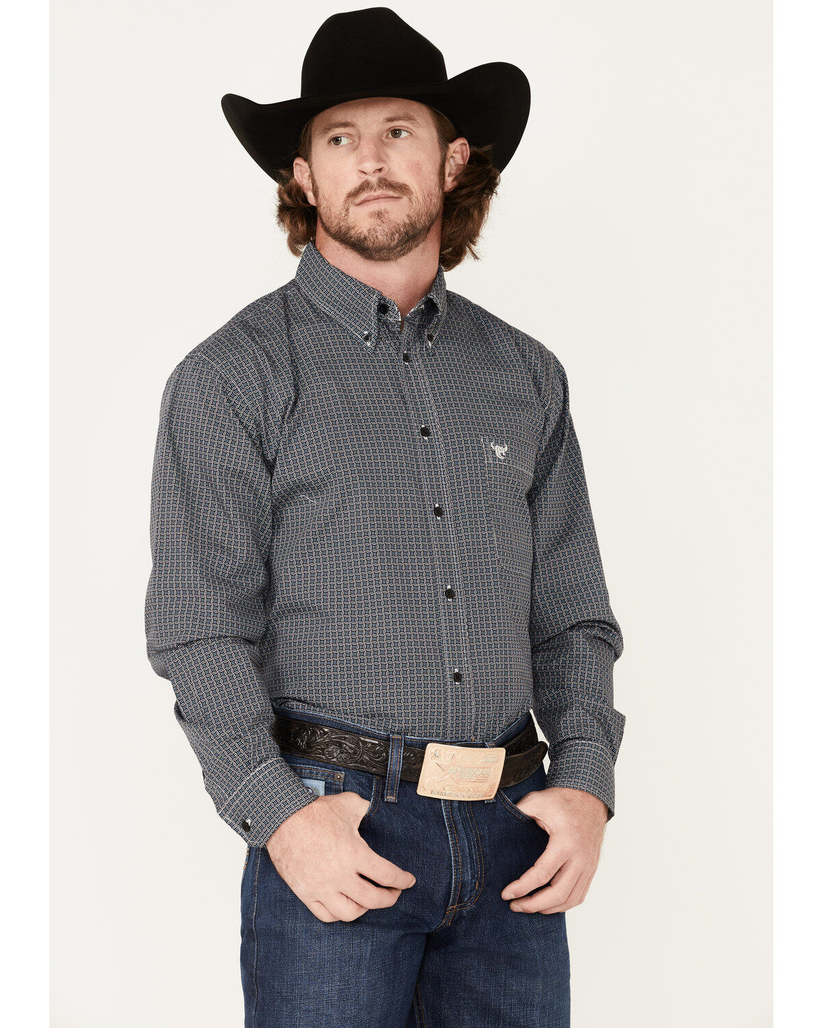 Men's Cowboy Hardware Wavy Square Geo Print Button Down Western Shirt