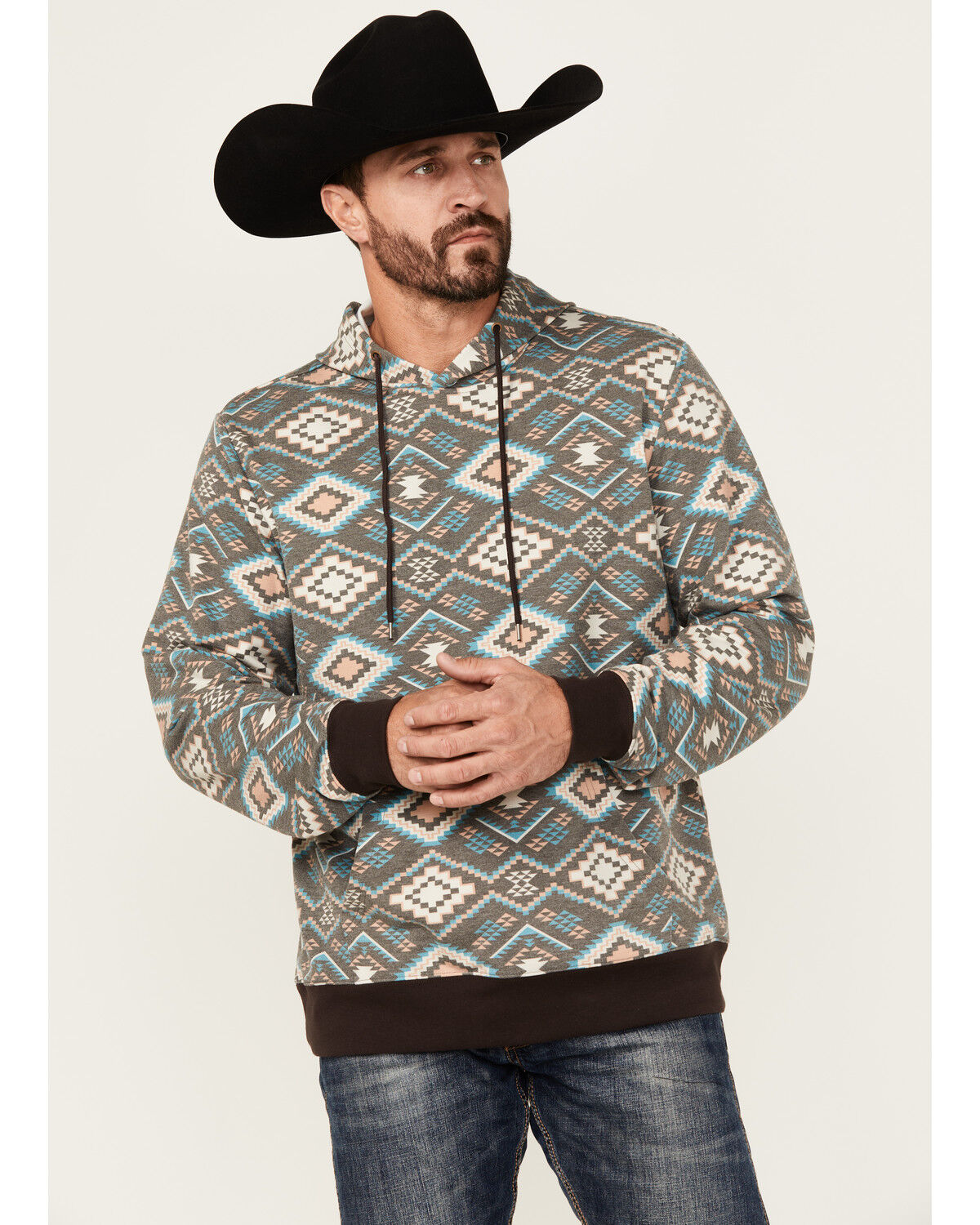 Men's Rock & Roll Denim Southwestern Print Hooded Sweatshirt
