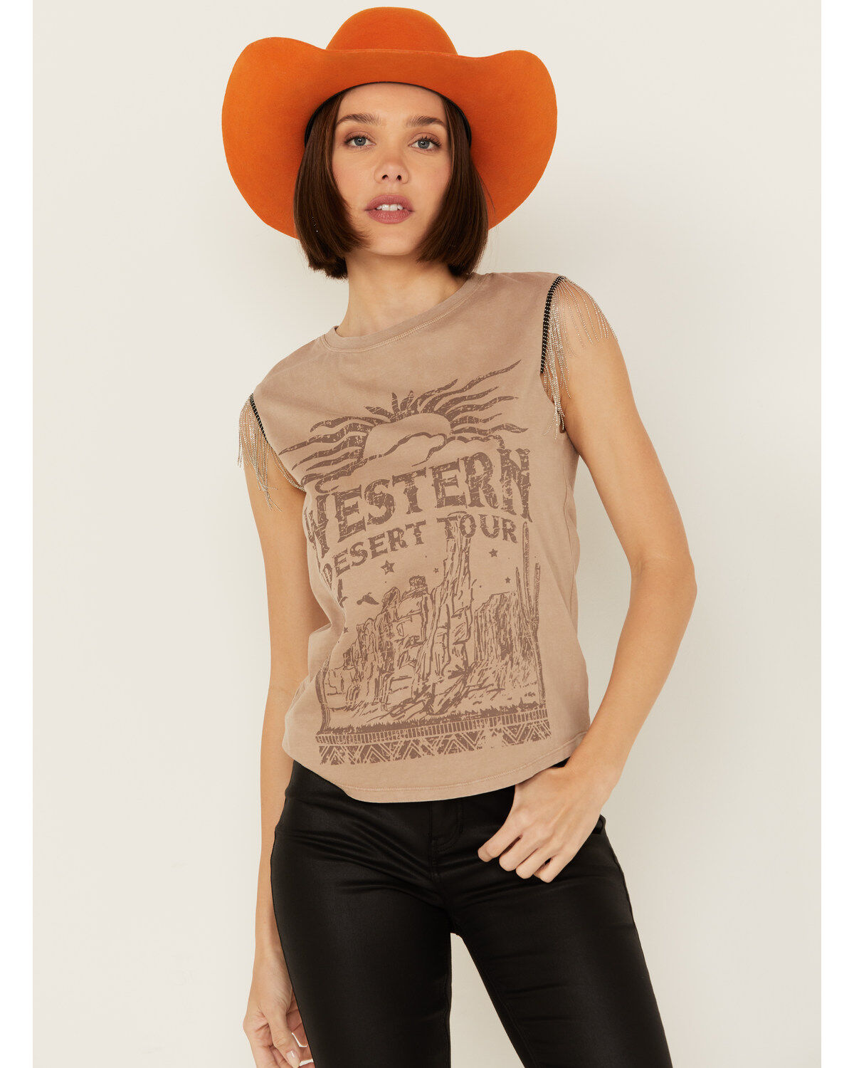 Women's Rock & Roll Denim Chain Fringe Graphic Sleeveless Tank Top