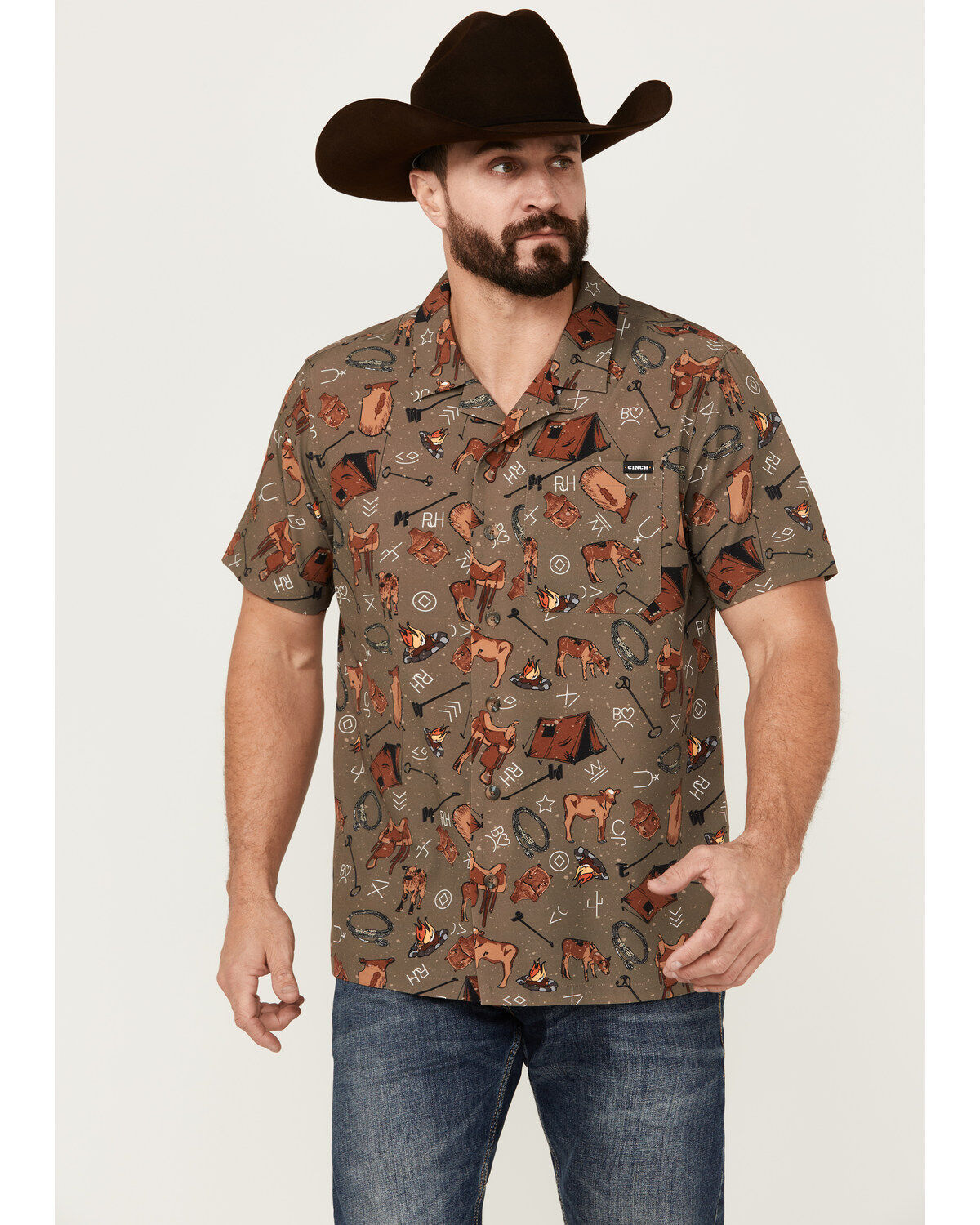 Men's Cinch Camp Conversational Print Short Sleeve Button-Down Perform