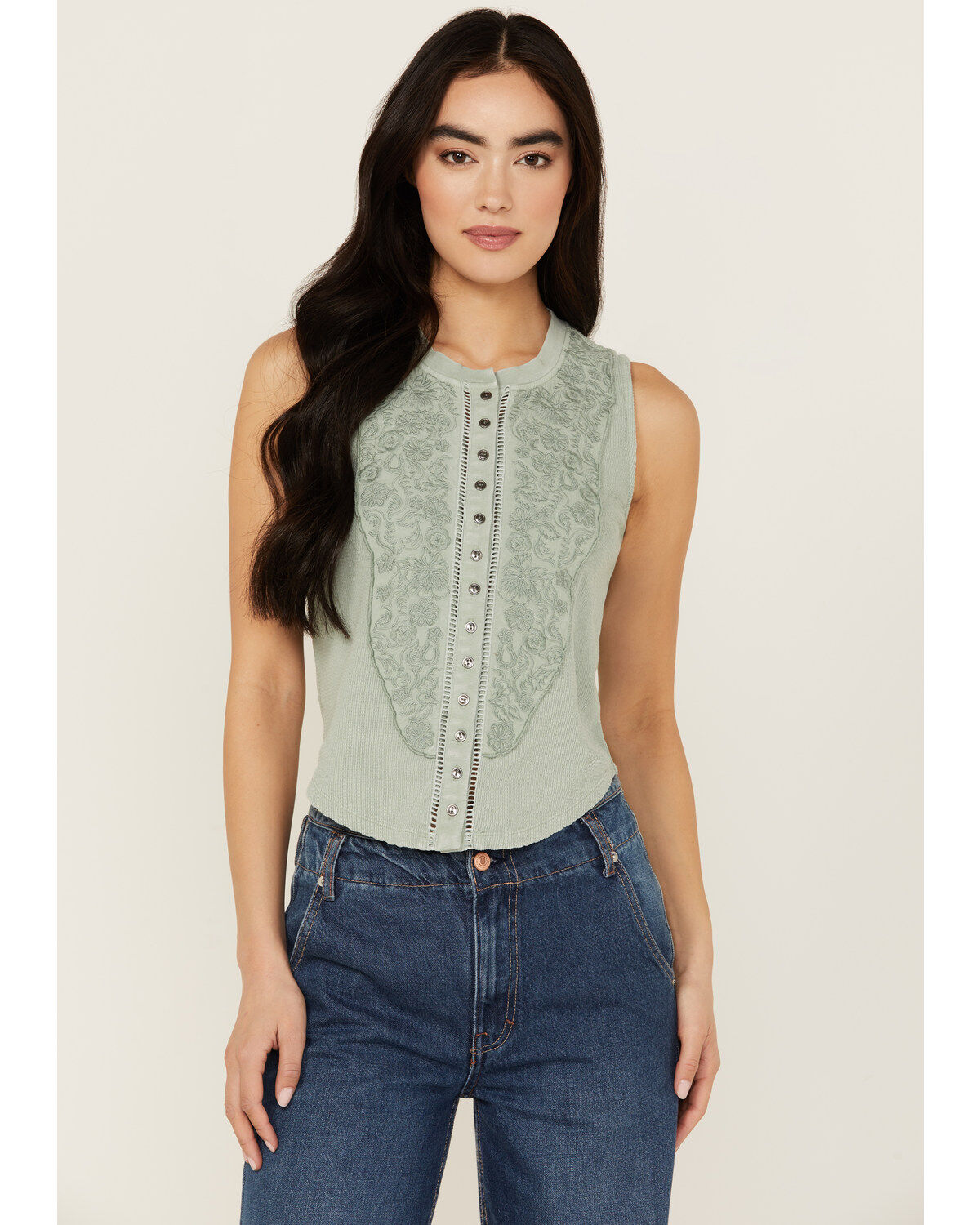 Women's Rock & Roll Denim Sleeveless Embroidered Tank Top