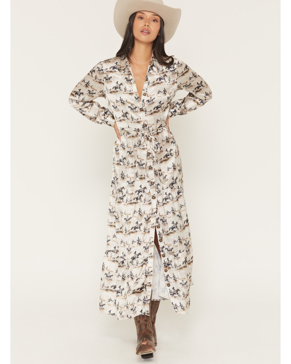 Women's Panhandle Slim Cowboy Rider Satin Long Sleeve Button-Down Maxi