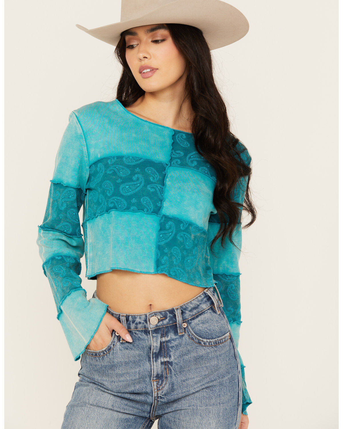 Women's Rock & Roll Denim Paisley Print Patchwork Long Sleeve Top