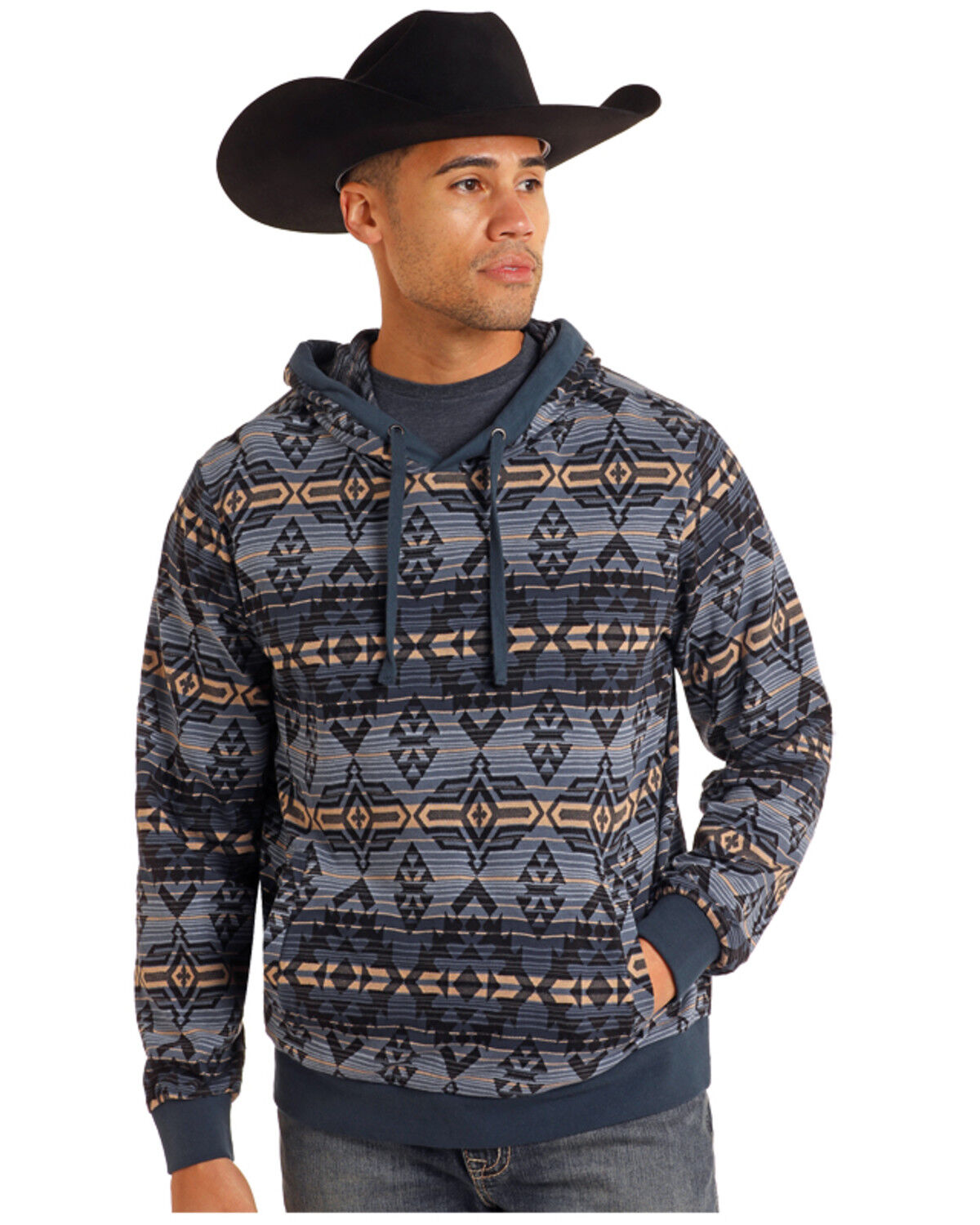 Men's Rock & Roll Denim Southwestern Print Hooded Sweatshirt
