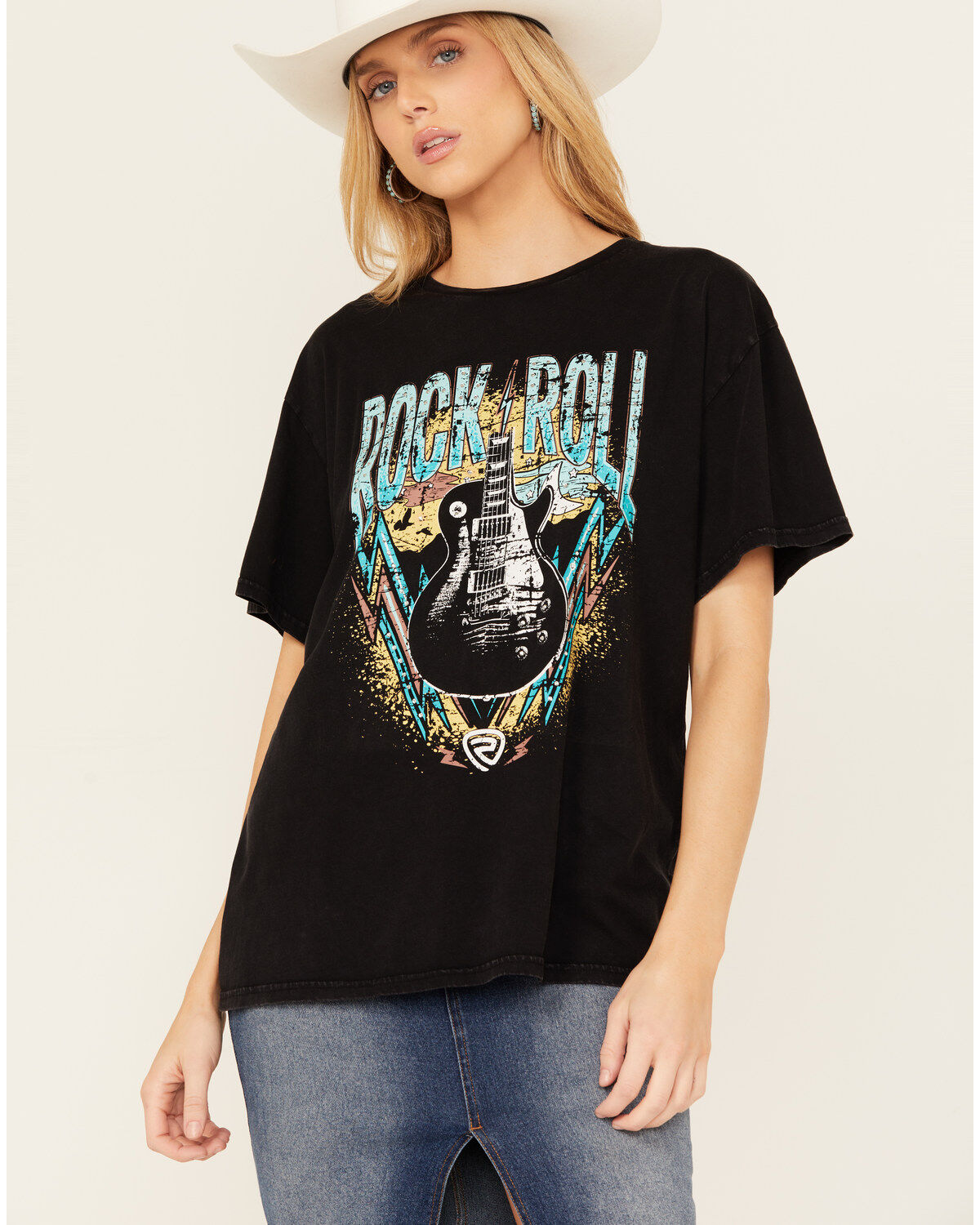 Women's Rock & Roll Denim Rock & Roll Rhinestone Short Sleeve Graphic