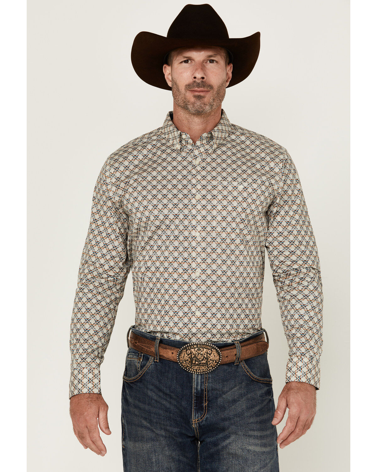 Men's RANK 45 Libreville Geo Print Long Sleeve Button-Down Performanc