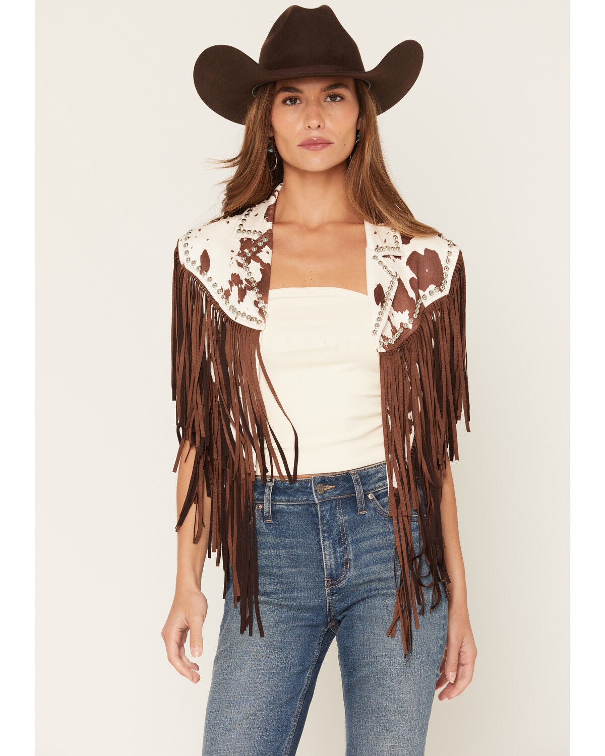 Women's Saints & Hearts Cow Print Studded Fringe Capelet