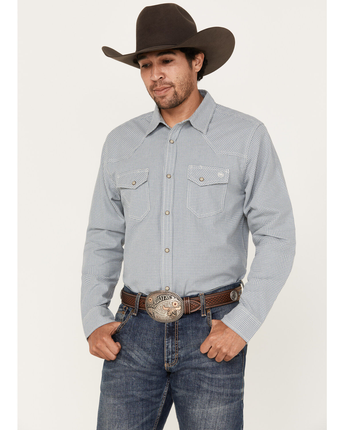 Men's Blue Ranchwear Plaid Print Long Sleeve Western Pearl Snap Shirt