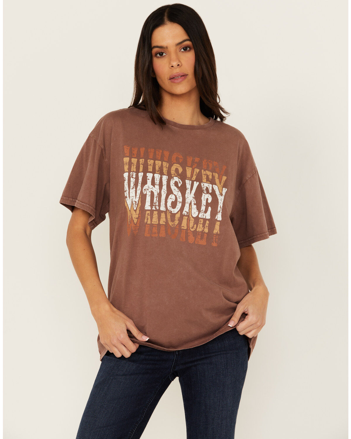 Women's Rock & Roll Denim Whiskey Rhinestone Short Sleeve Graphic Tee