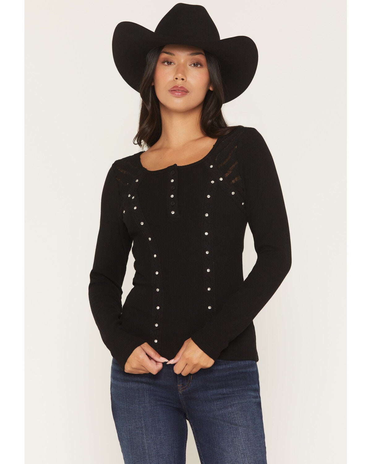 Women's Miss Me Embellished Lace Long Sleeve Shirt
