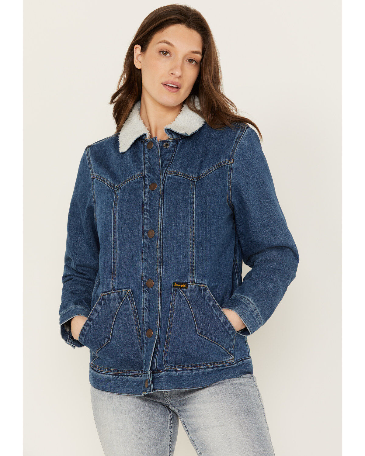 Women's Wrangler Medium Wash Denim Sherpa Lined Barn Coat