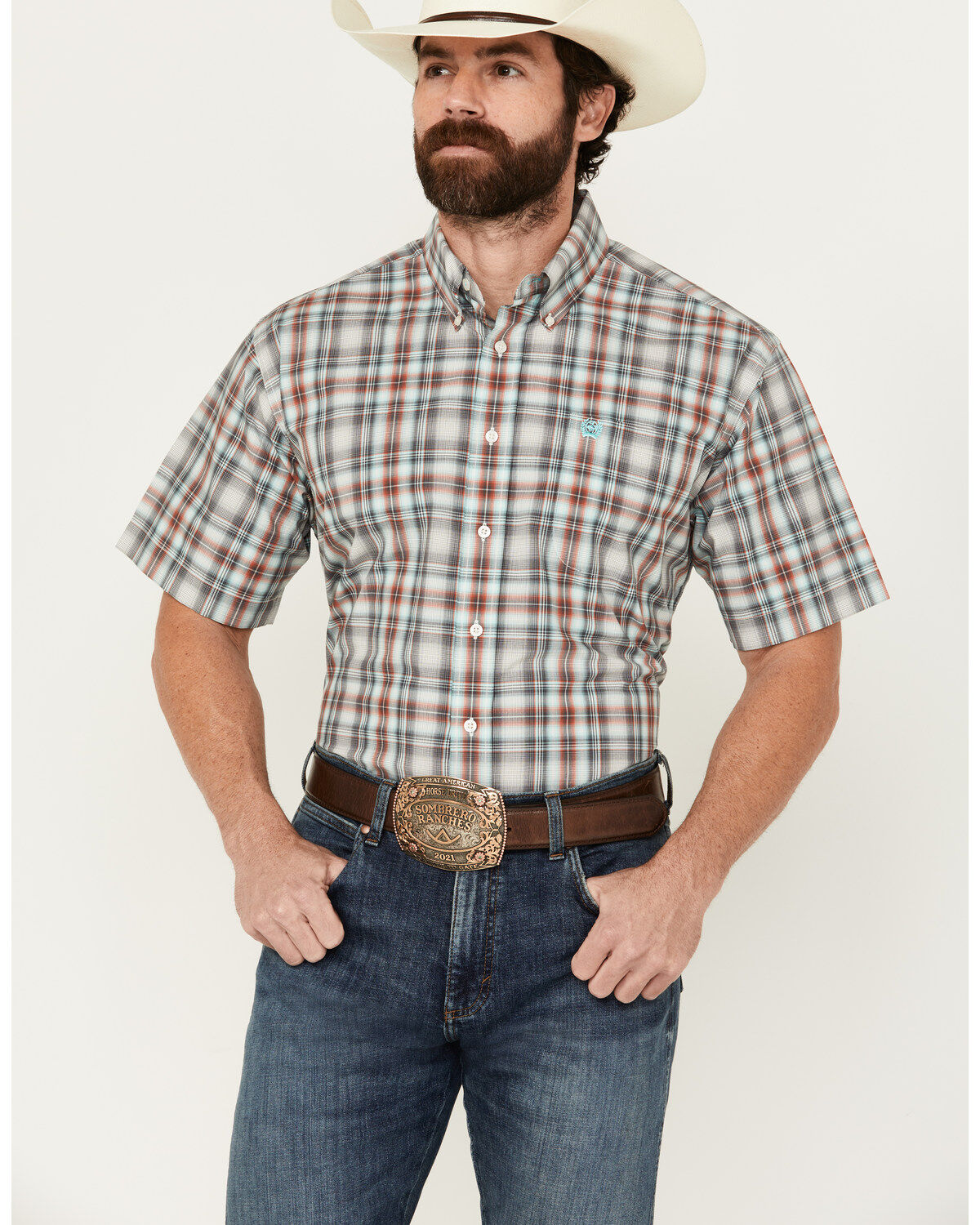 Men's Cinch Plaid Print Short Sleeve Button-Down Western Shirt