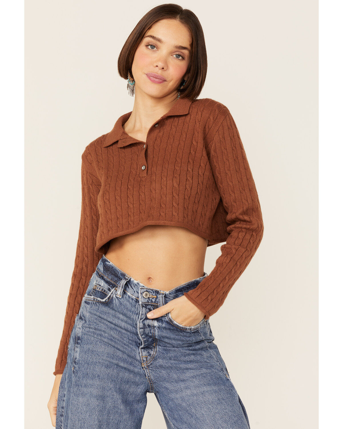 Women's Callahan Rootbeer Brown Cable Knit Long Sleeve Daisy Polo