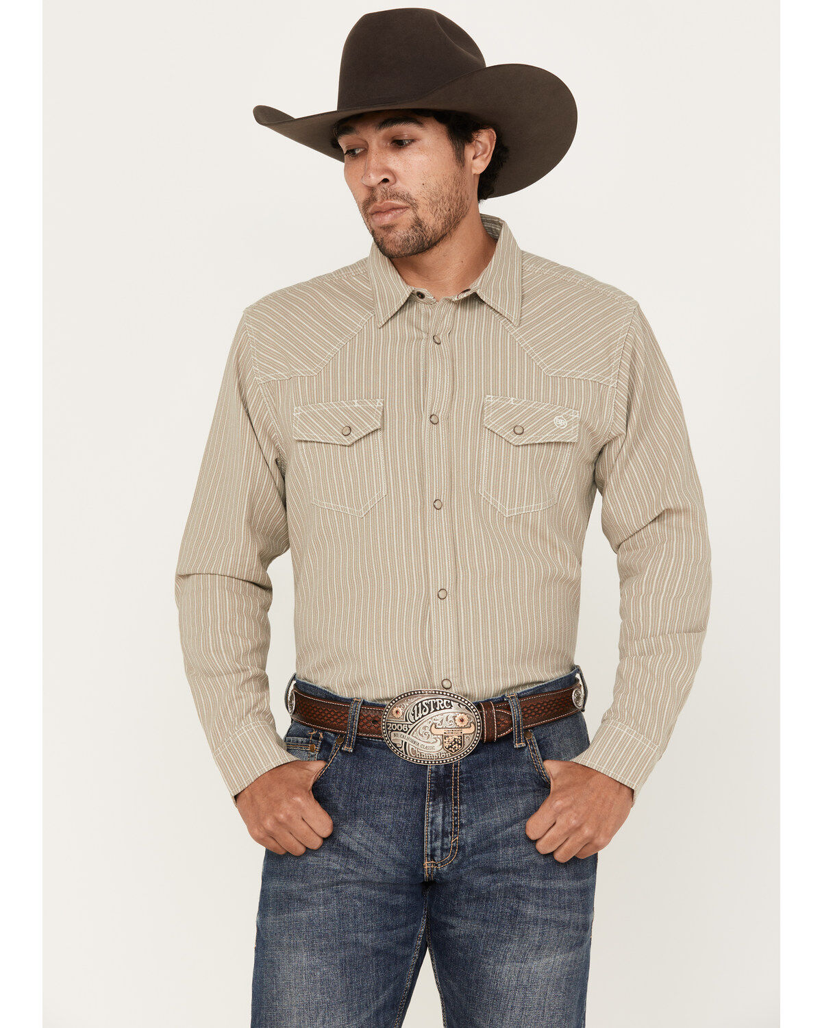 Men's Blue Ranchwear Denim Dobby Striped Long Sleeve Western Pearl Sna