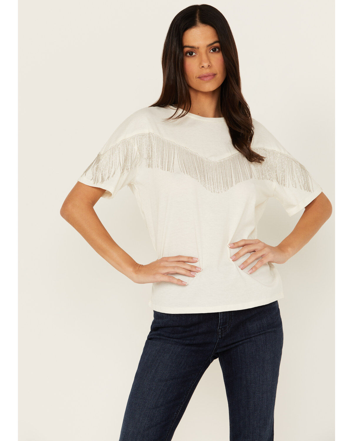 Women's Rock & Roll Denim Chain Fringe Short Sleeve Tee