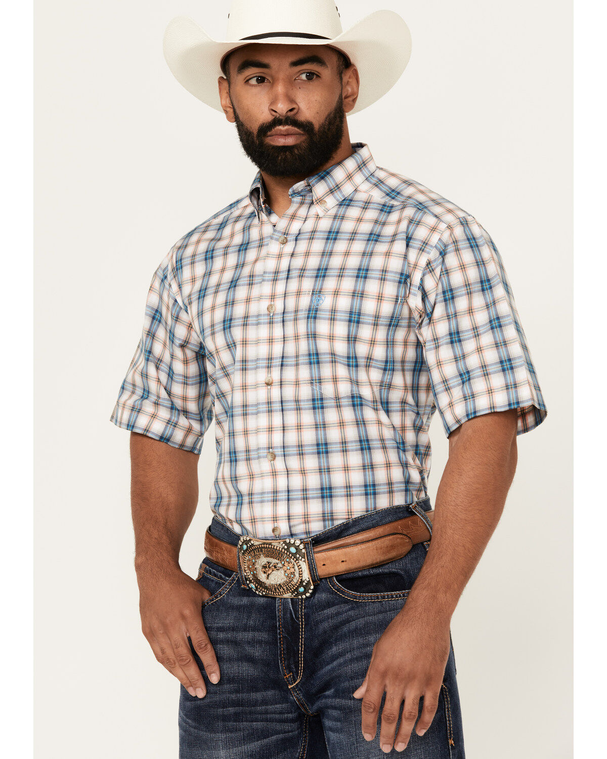 Men's Ariat Rowdy Plaid Print Short Sleeve Button-Down Performance Wes