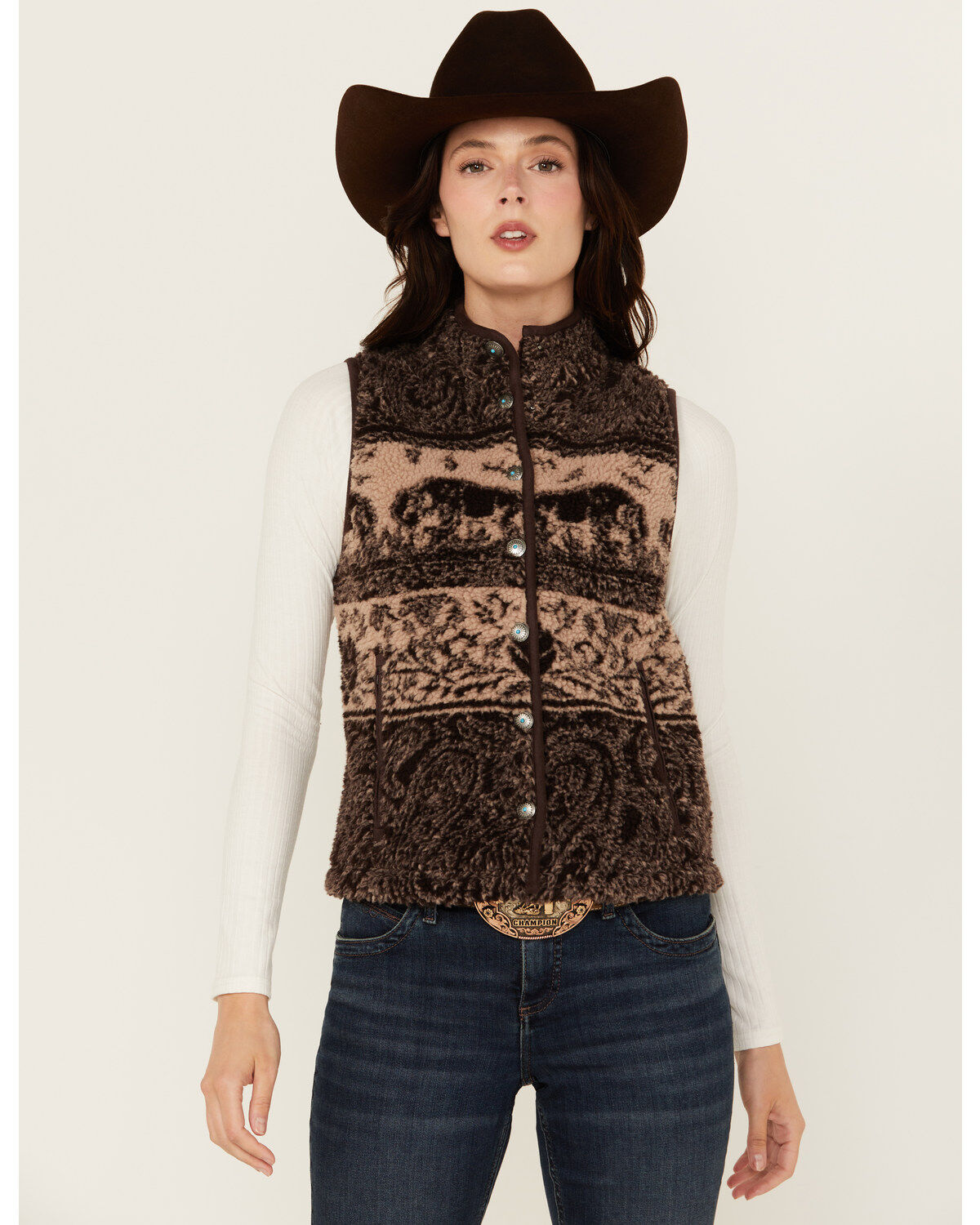Women's Shyanne Buffalo Print Snap Sherpa Vest