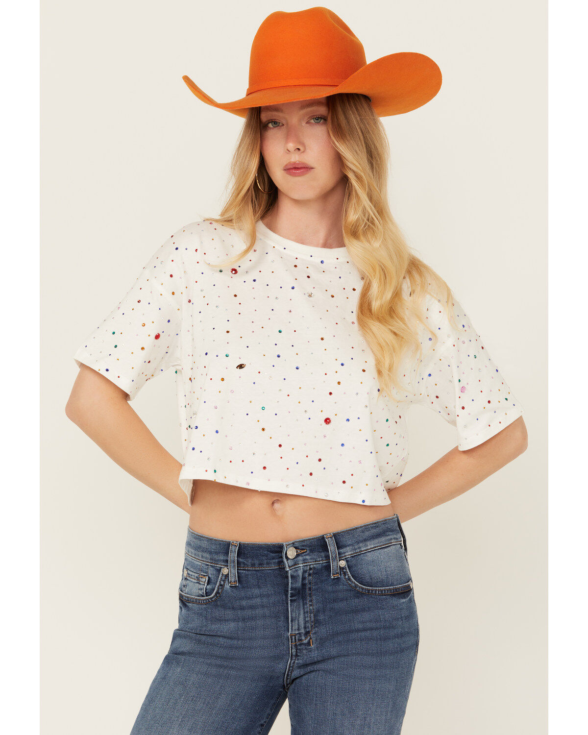 Women's Blue B Rhinestone Short Sleeve Cropped Tee