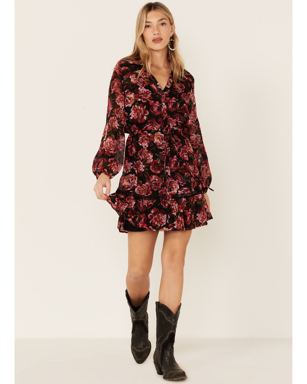 Women's Lovestitch Magenta Floral Floral Lace Trim Mini Dress